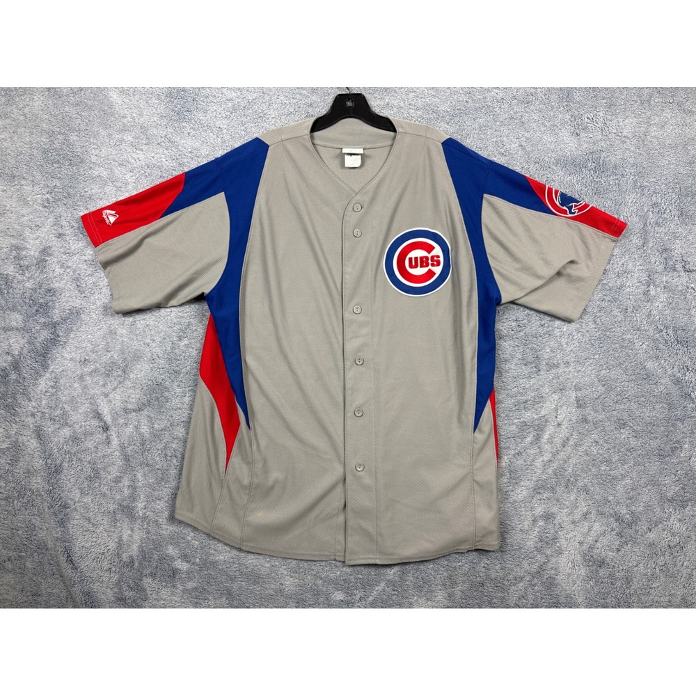 Majestic Mens XL Grey Chicago Cubs Baseball Jersey Button Front Mesh MLB